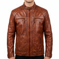 Cognac Leather Café Racer Jacket - Men's Quilted Moto Jacket