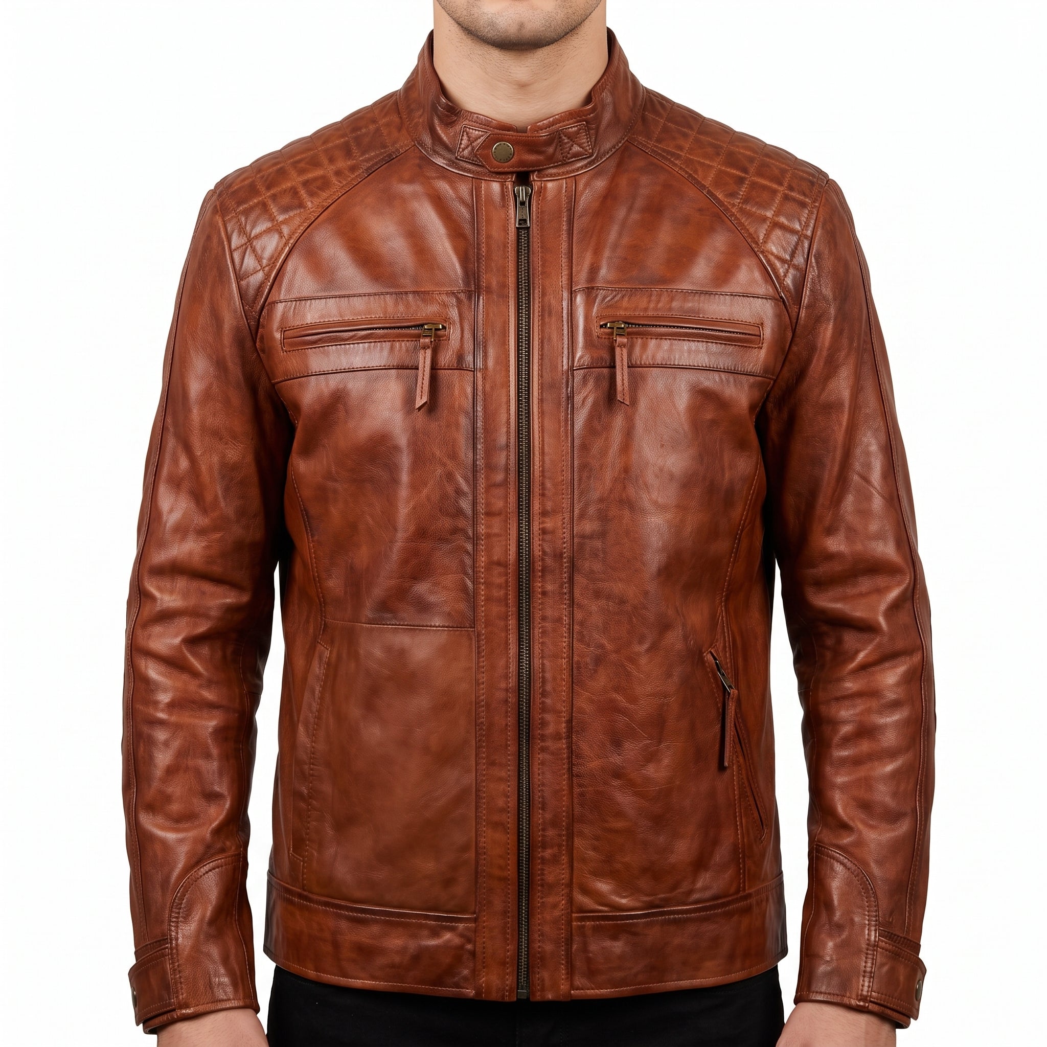 Cognac Leather Café Racer Jacket - Men's Quilted Moto Jacket