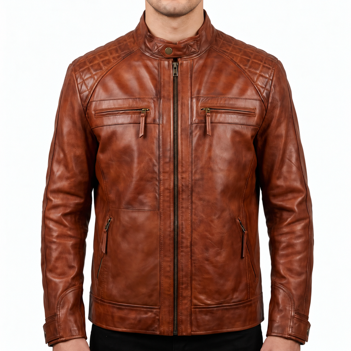 Cognac Leather Café Racer Jacket - Men's Quilted Moto Jacket