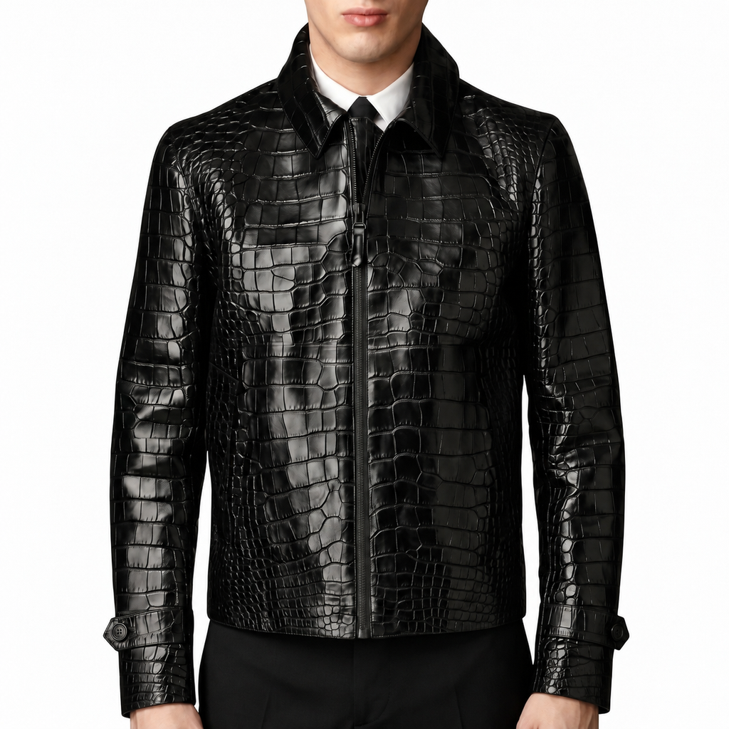 Men's Black Crocodile Print Leather Jacket - Luxury Faux Leather Jacket