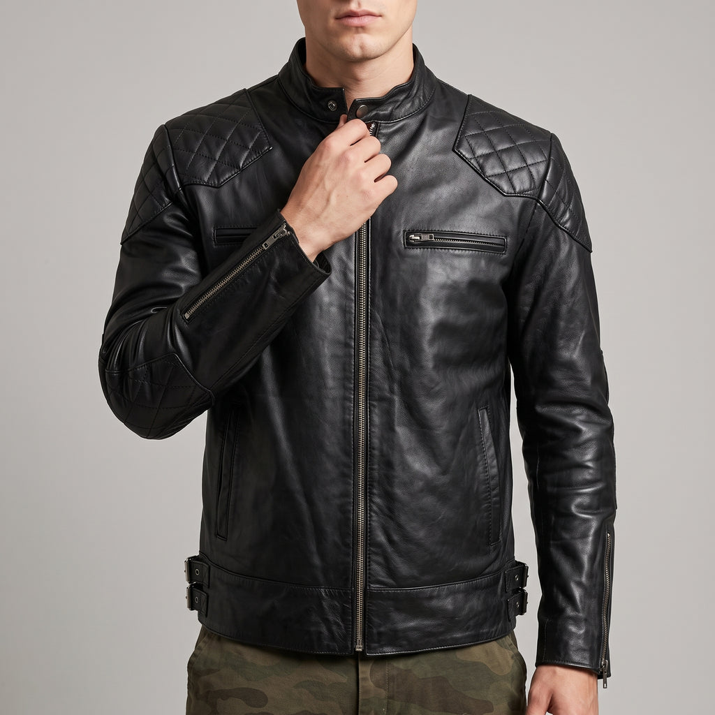 Black Leather Café Racer Jacket - Men's Quilted Moto Jacket