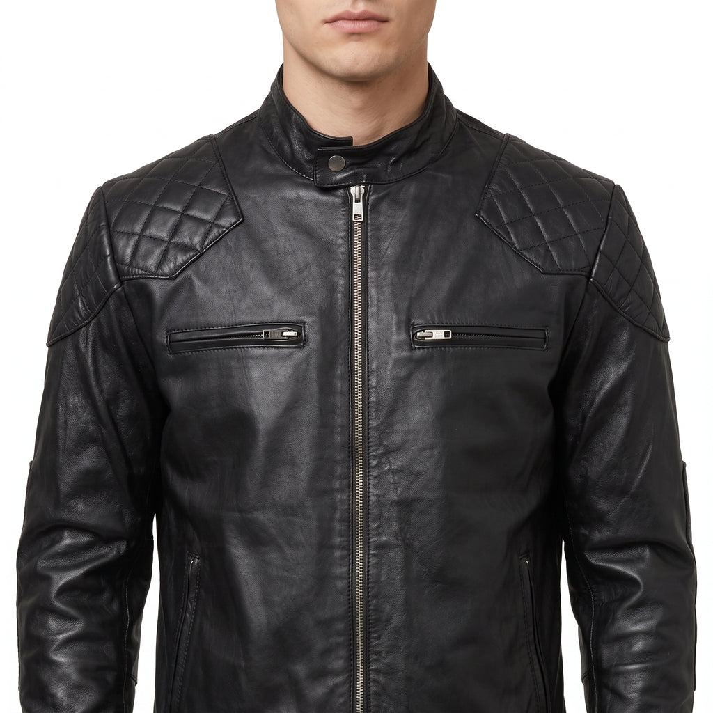 Black Leather Café Racer Jacket - Men's Quilted Moto Jacket
