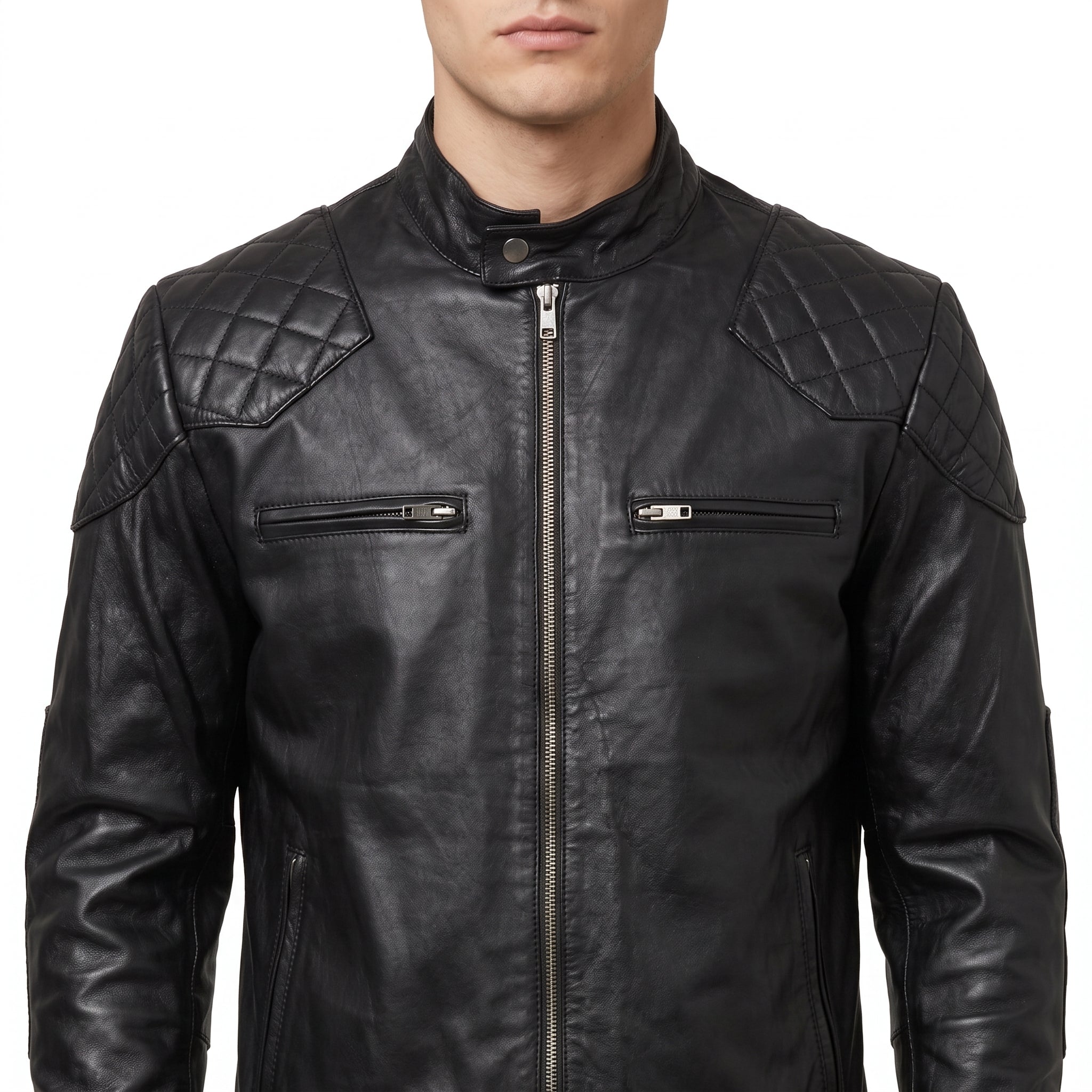 Black Leather Café Racer Jacket - Men's Quilted Moto Jacket
