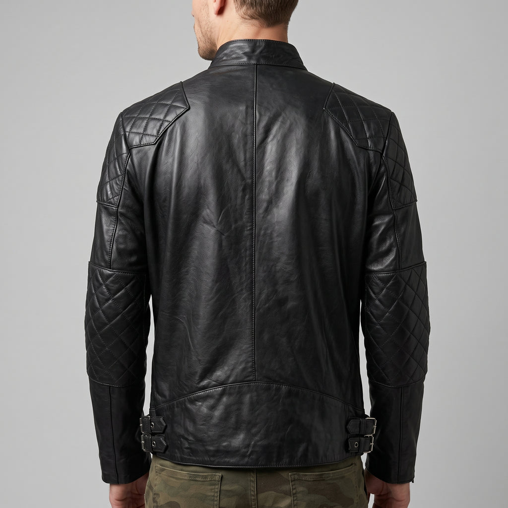 Black Leather Café Racer Jacket - Men's Quilted Moto Jacket