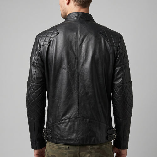 Black Leather Café Racer Jacket - Men's Quilted Moto Jacket