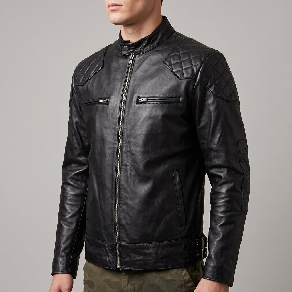 Black Leather Café Racer Jacket - Men's Quilted Moto Jacket