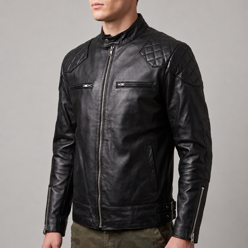 Black Leather Café Racer Jacket - Men's Quilted Moto Jacket