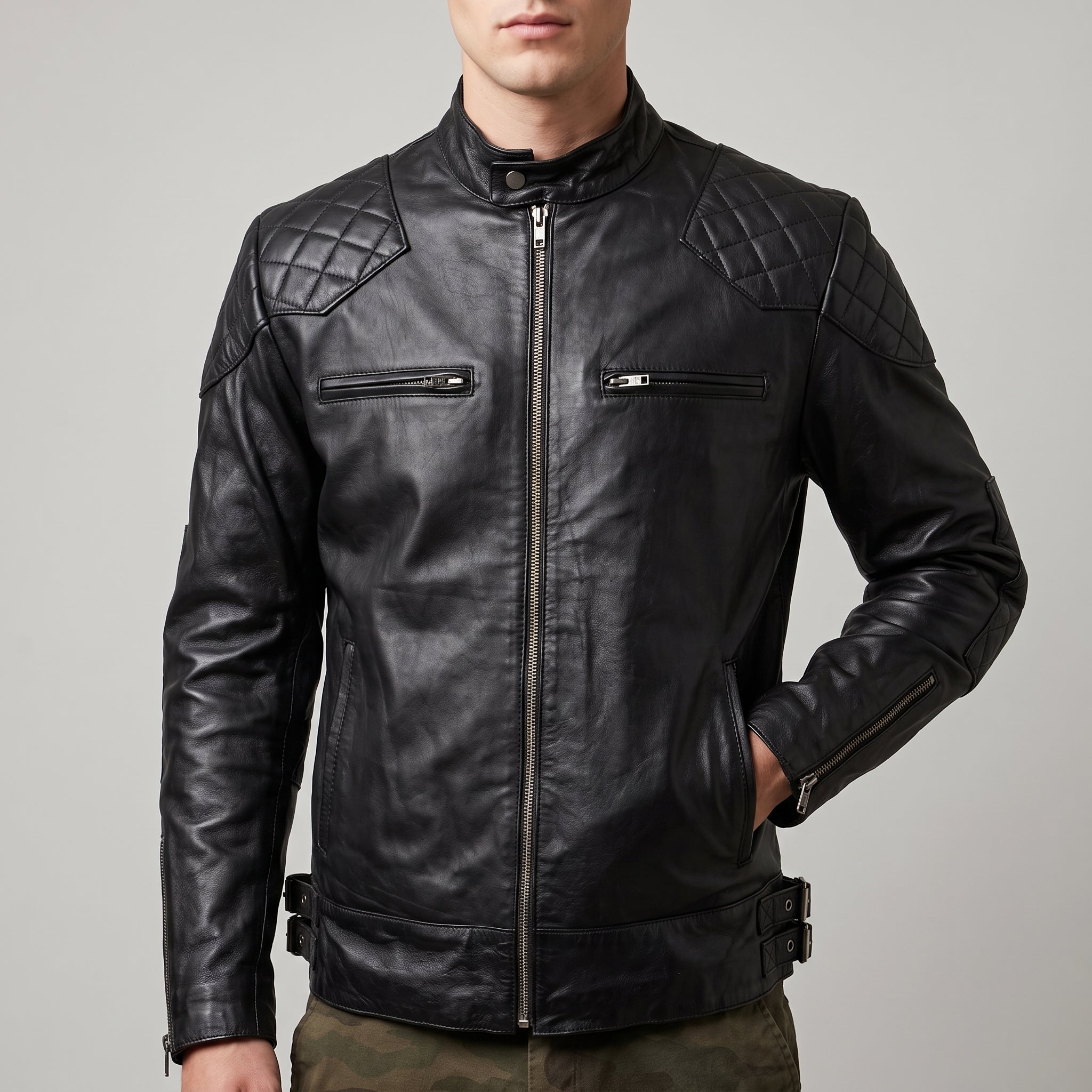 Black Leather Café Racer Jacket - Men's Quilted Moto Jacket