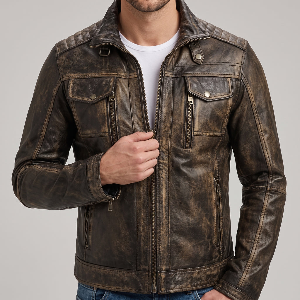 Men's Burnished Brown Distressed Leather Moto Jacket
