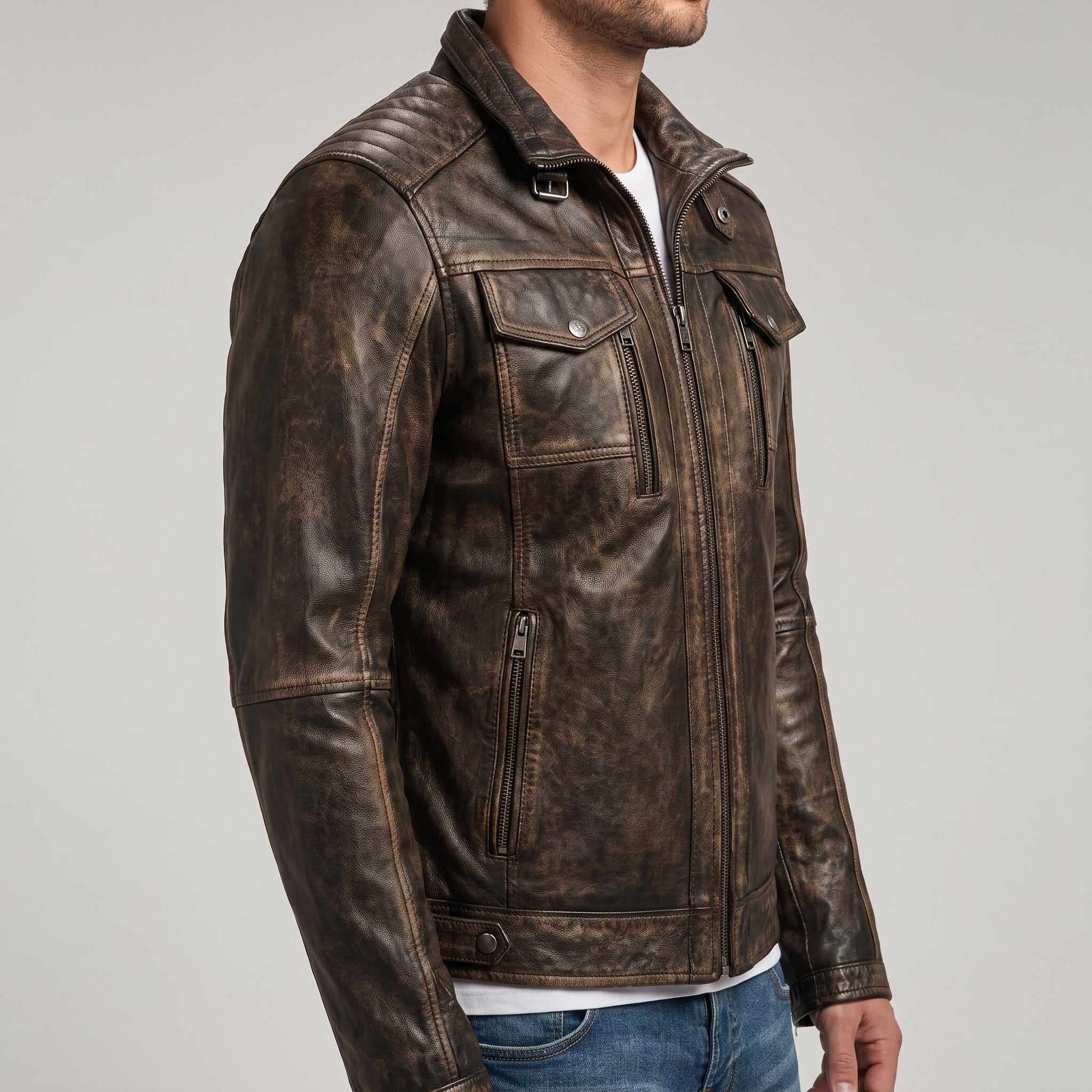 Men's Burnished Brown Distressed Leather Moto Jacket