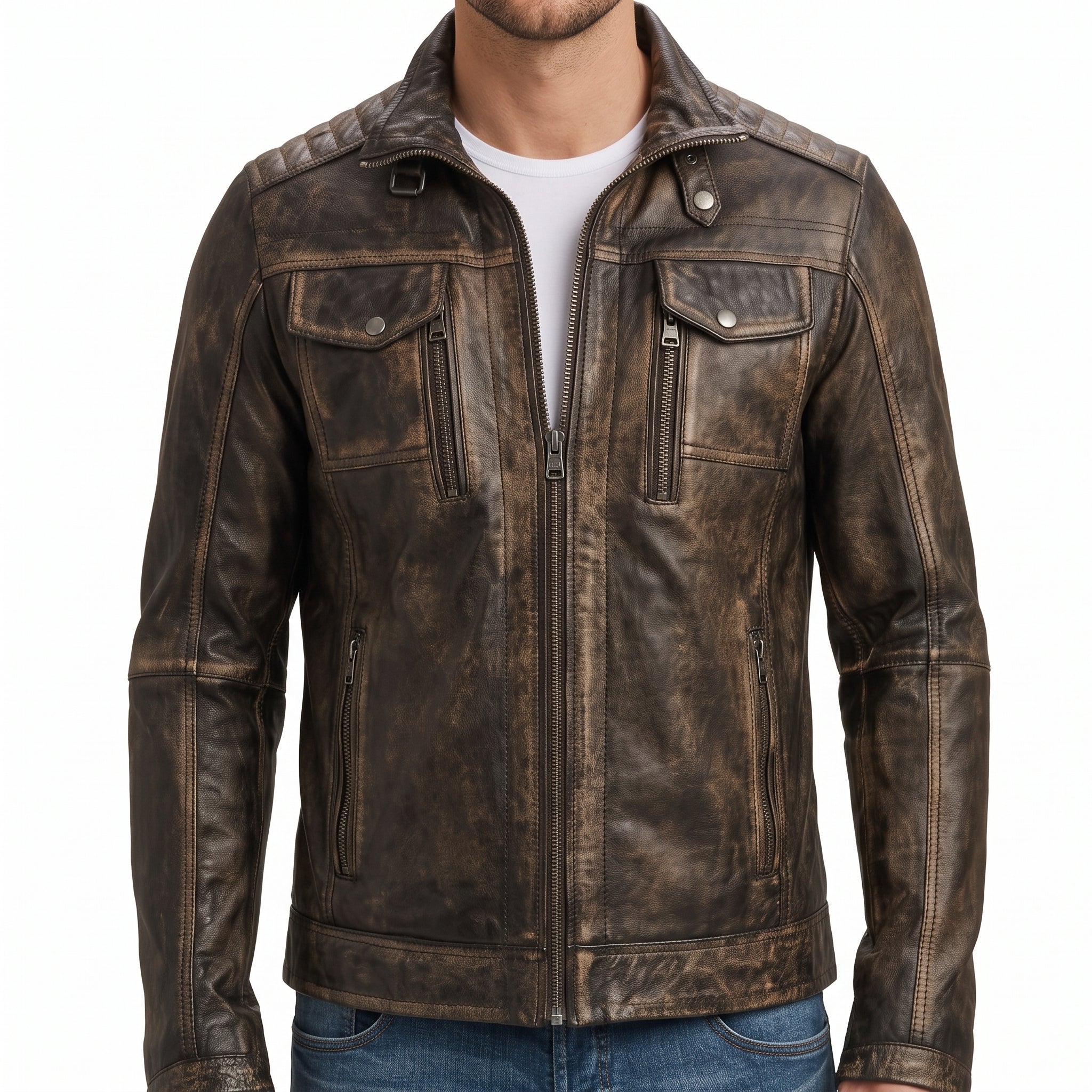 Men's Burnished Brown Distressed Leather Moto Jacket