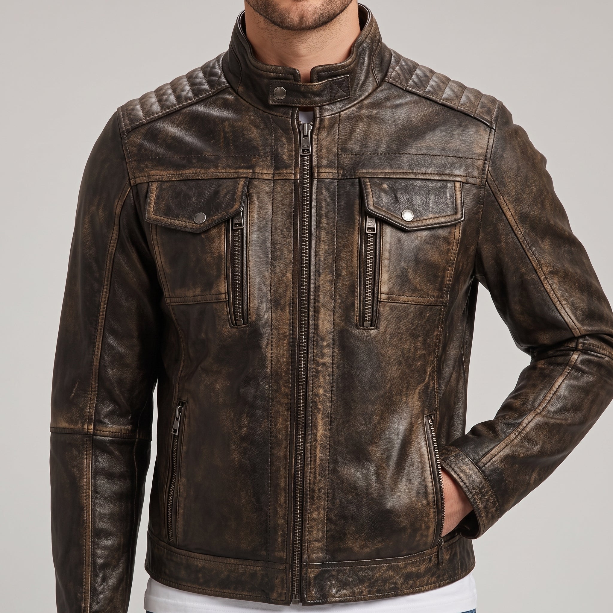 Men's Burnished Brown Distressed Leather Moto Jacket
