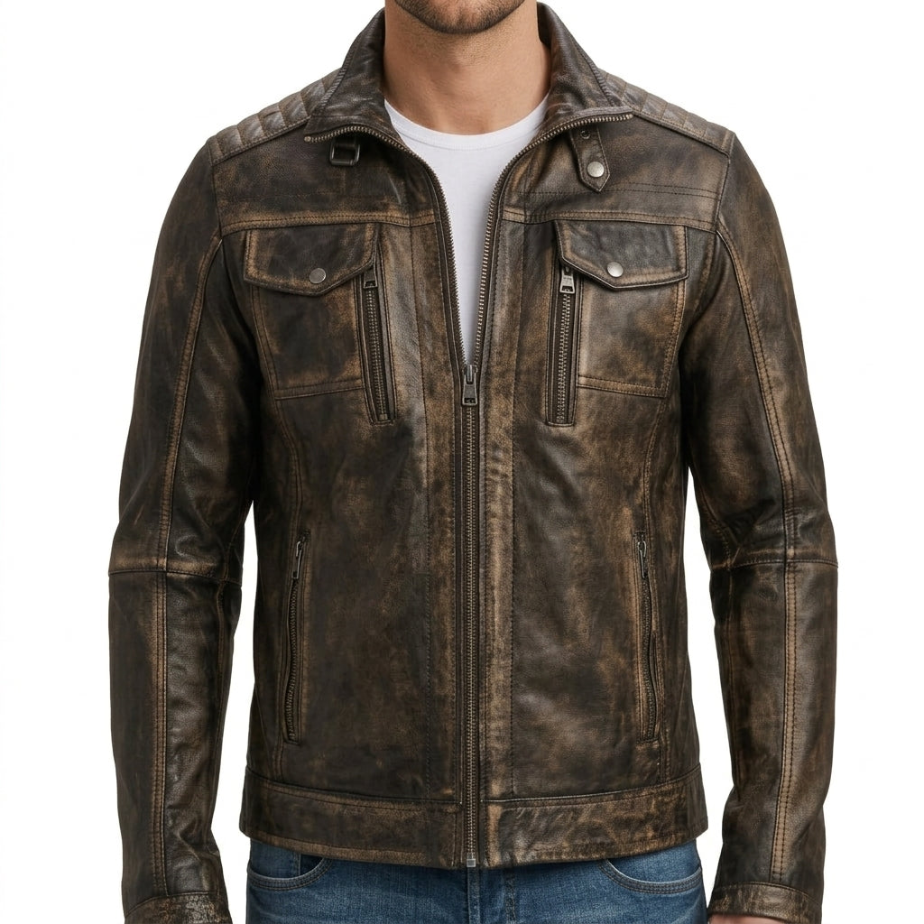 Men's Burnished Brown Distressed Leather Moto Jacket