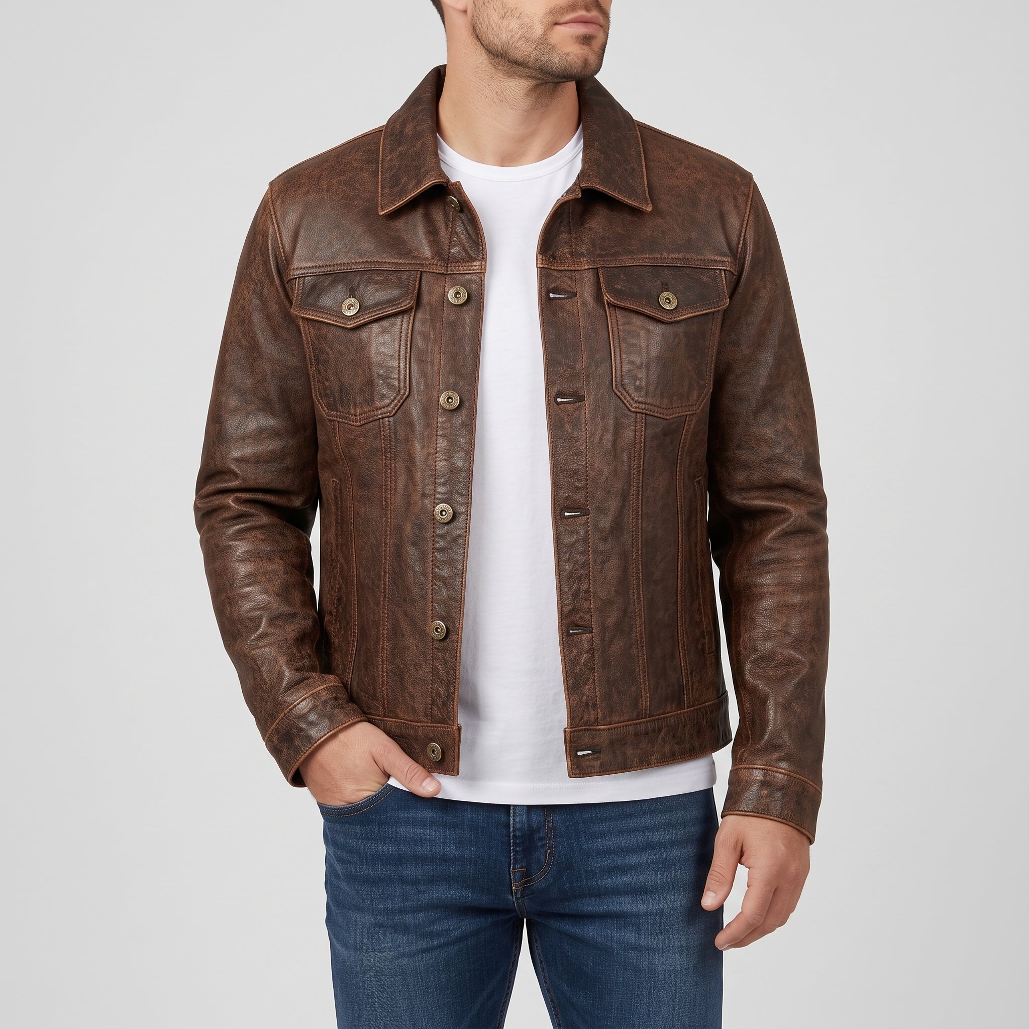 Men's Distressed Brown Leather Trucker Jacket