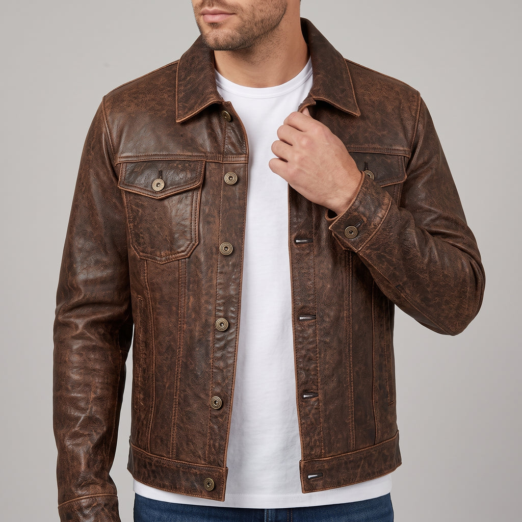 Men's Distressed Brown Leather Trucker Jacket
