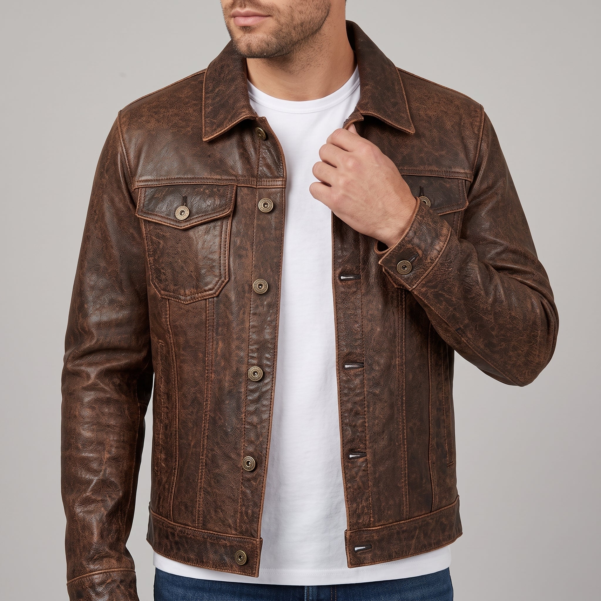 Men's Distressed Brown Leather Trucker Jacket