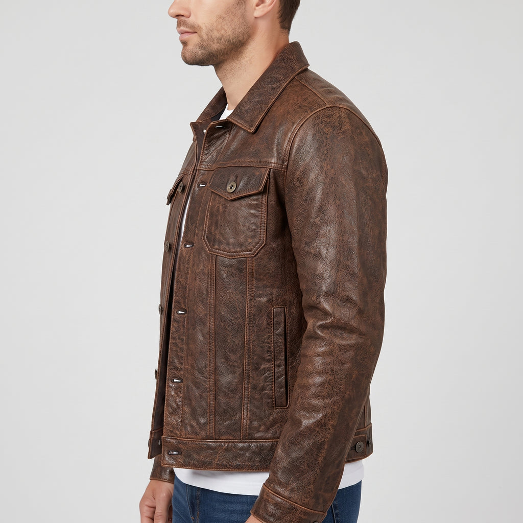 Men's Distressed Brown Leather Trucker Jacket