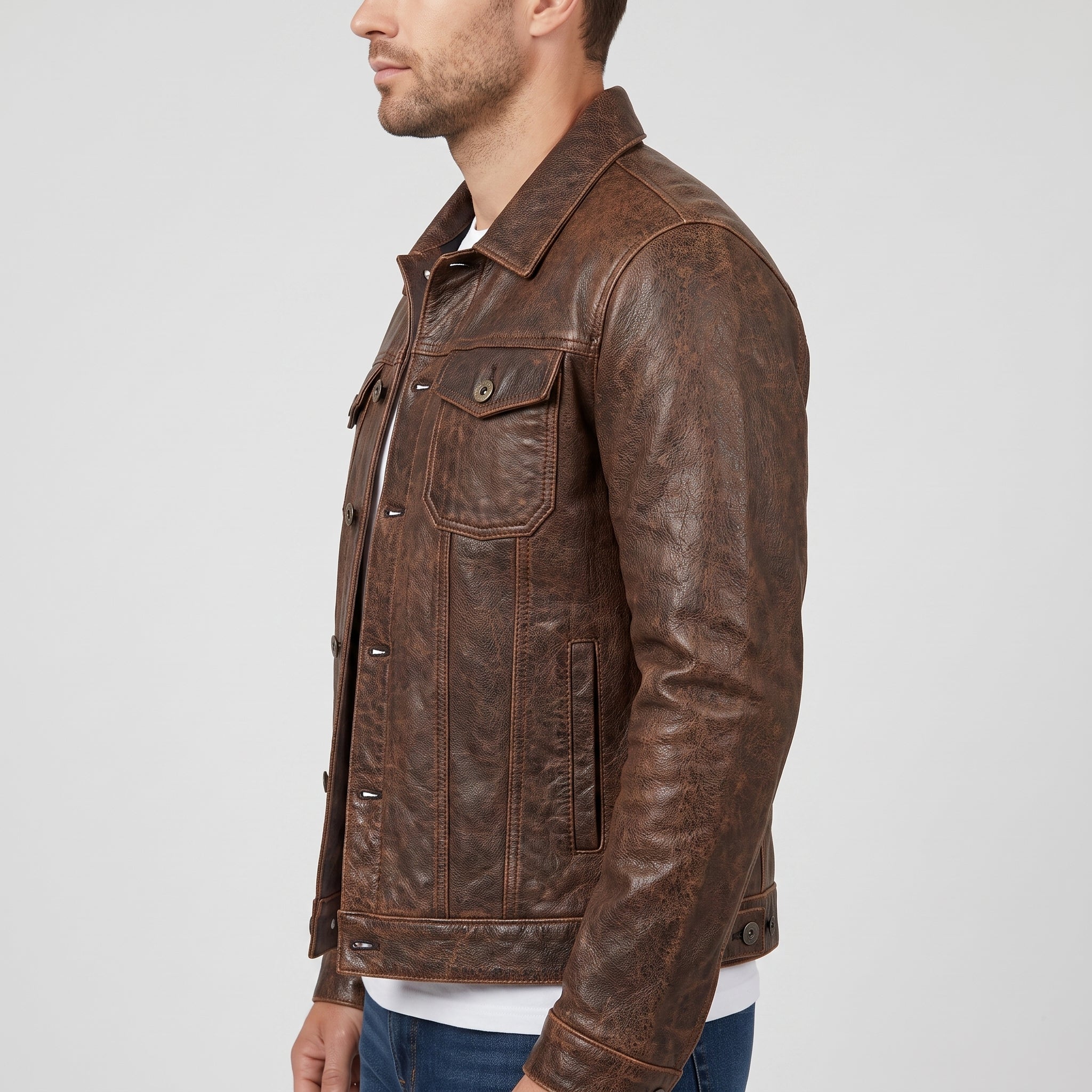 Men's Distressed Brown Leather Trucker Jacket