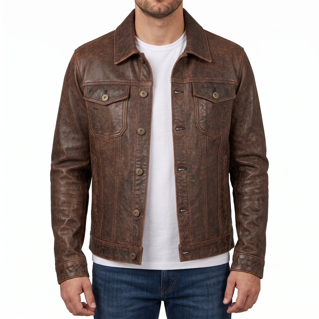 Men's Distressed Brown Leather Trucker Jacket