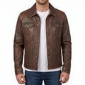 Men's Distressed Brown Leather Trucker Jacket