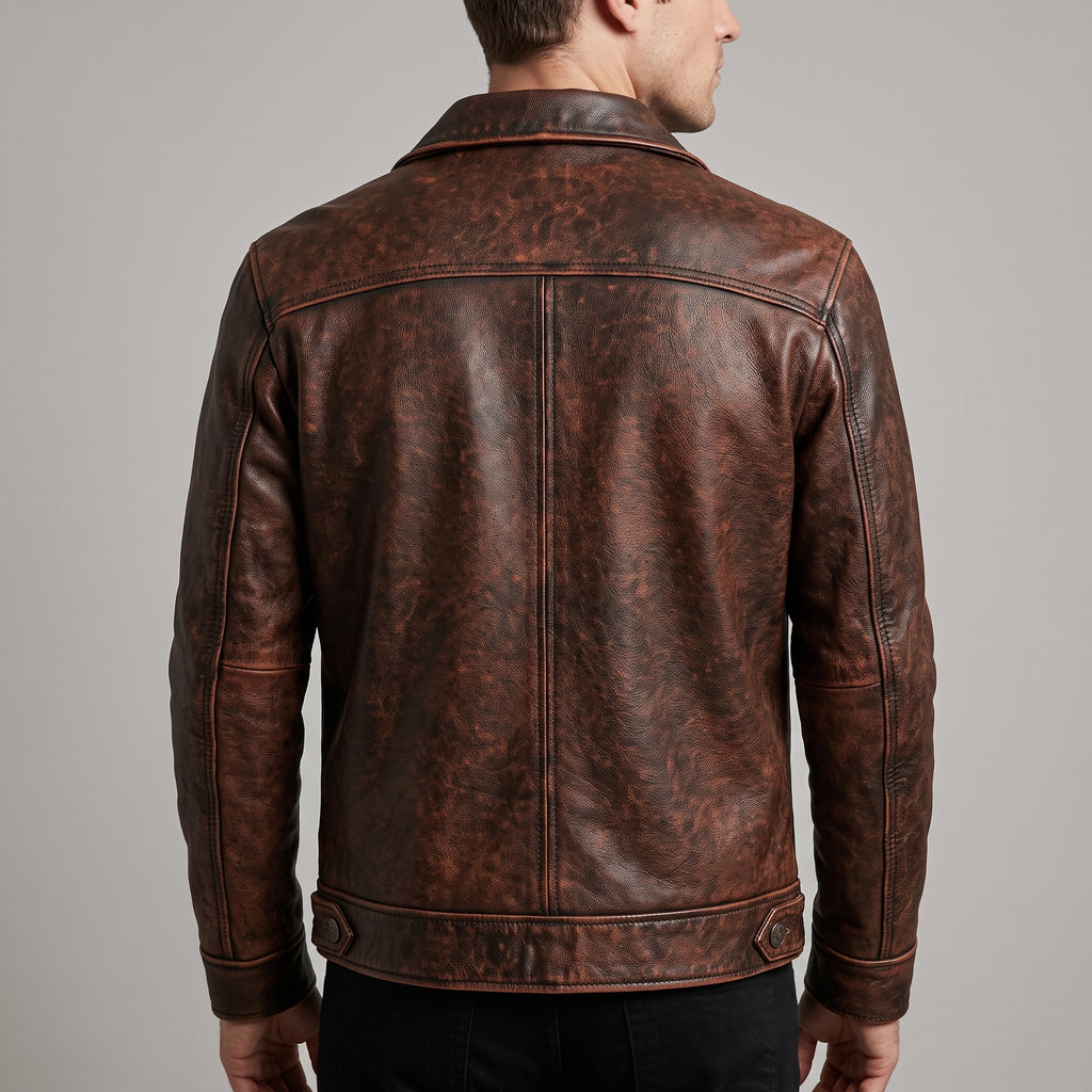 Men's Distressed Brown Leather Trucker Jacket