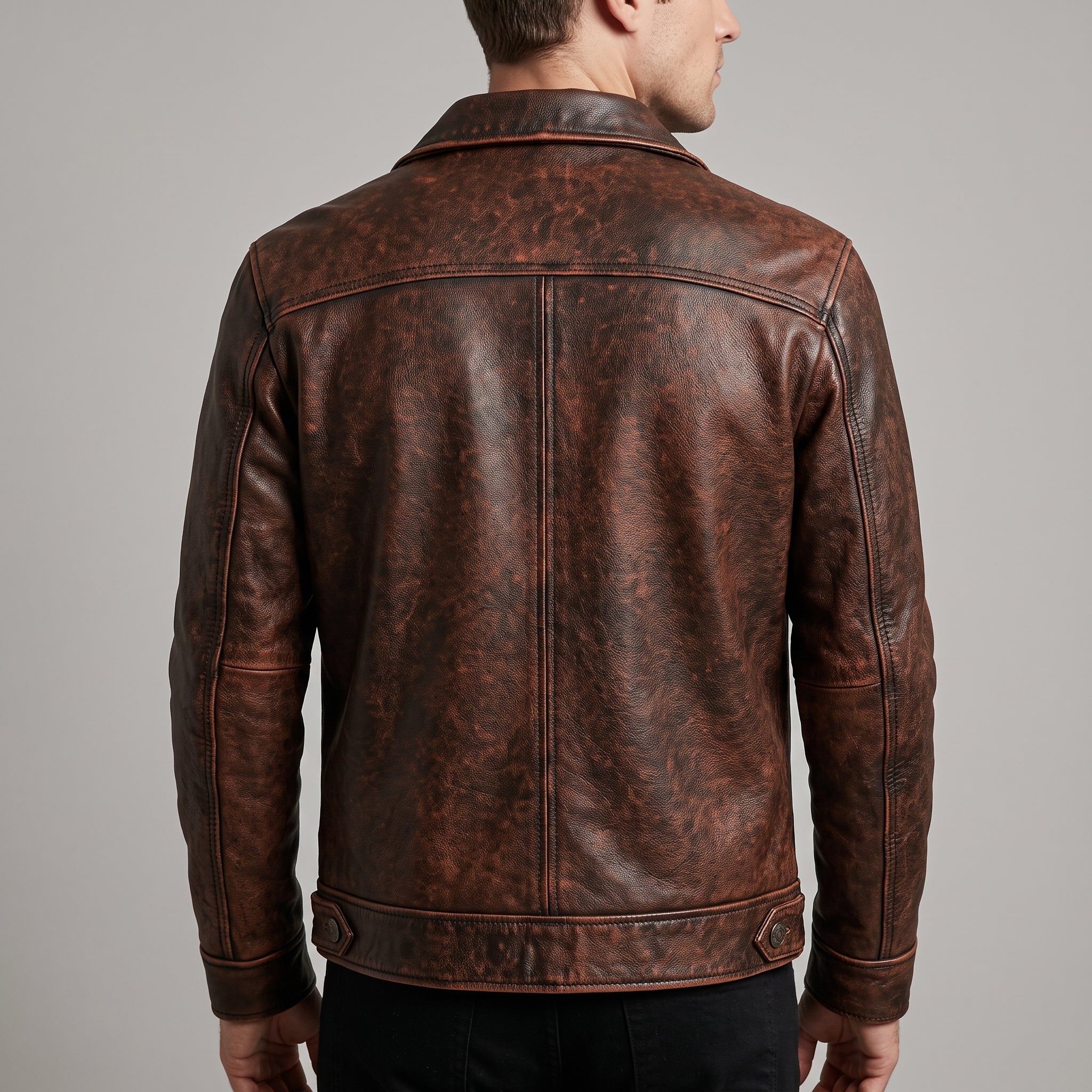 Men's Distressed Brown Leather Trucker Jacket