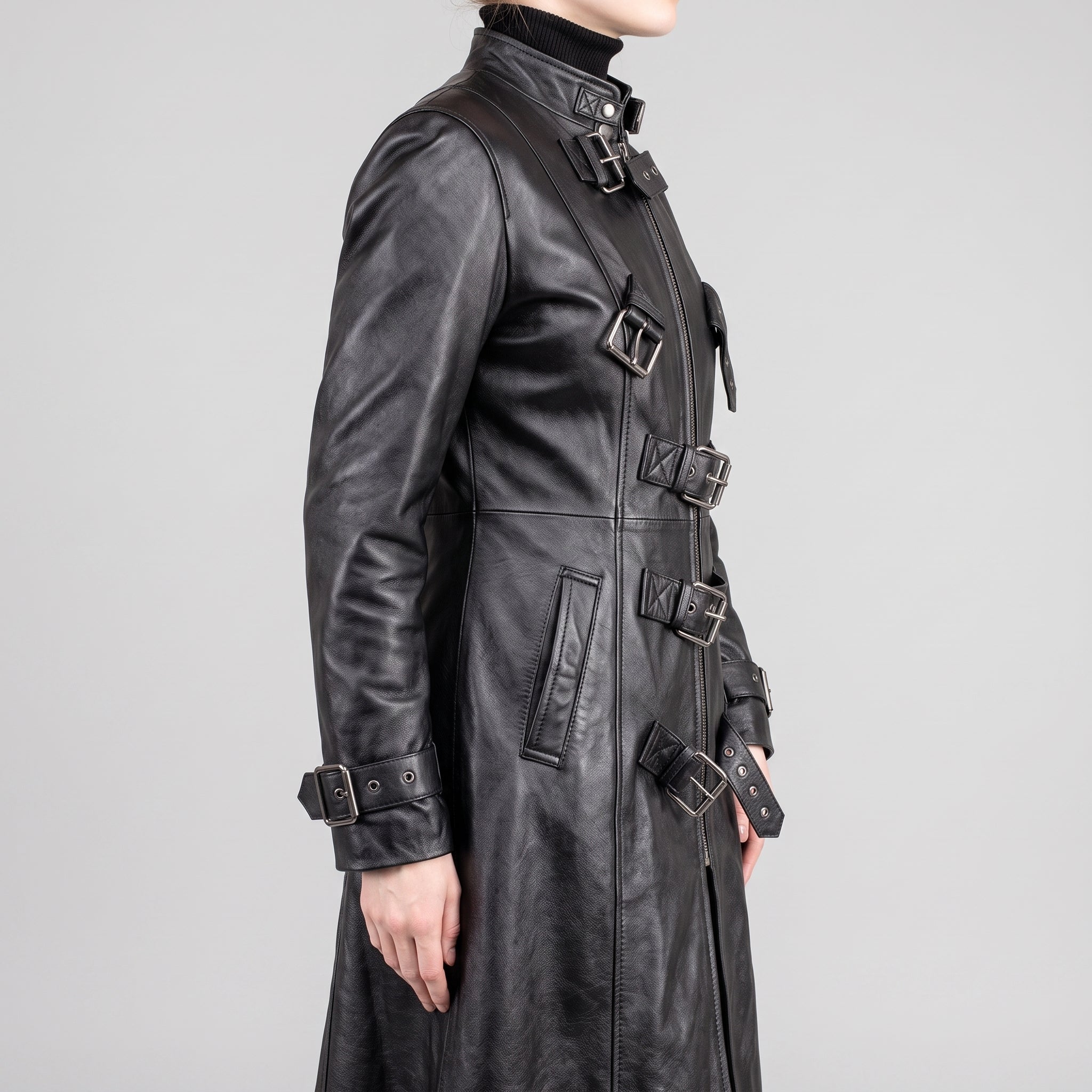 Black Leather Multi-Buckle Trench Coat - Women's Long Zip Duster Jacket