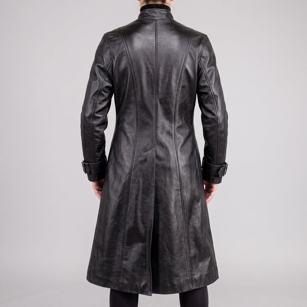 Black Leather Multi-Buckle Trench Coat - Women's Long Zip Duster Jacket