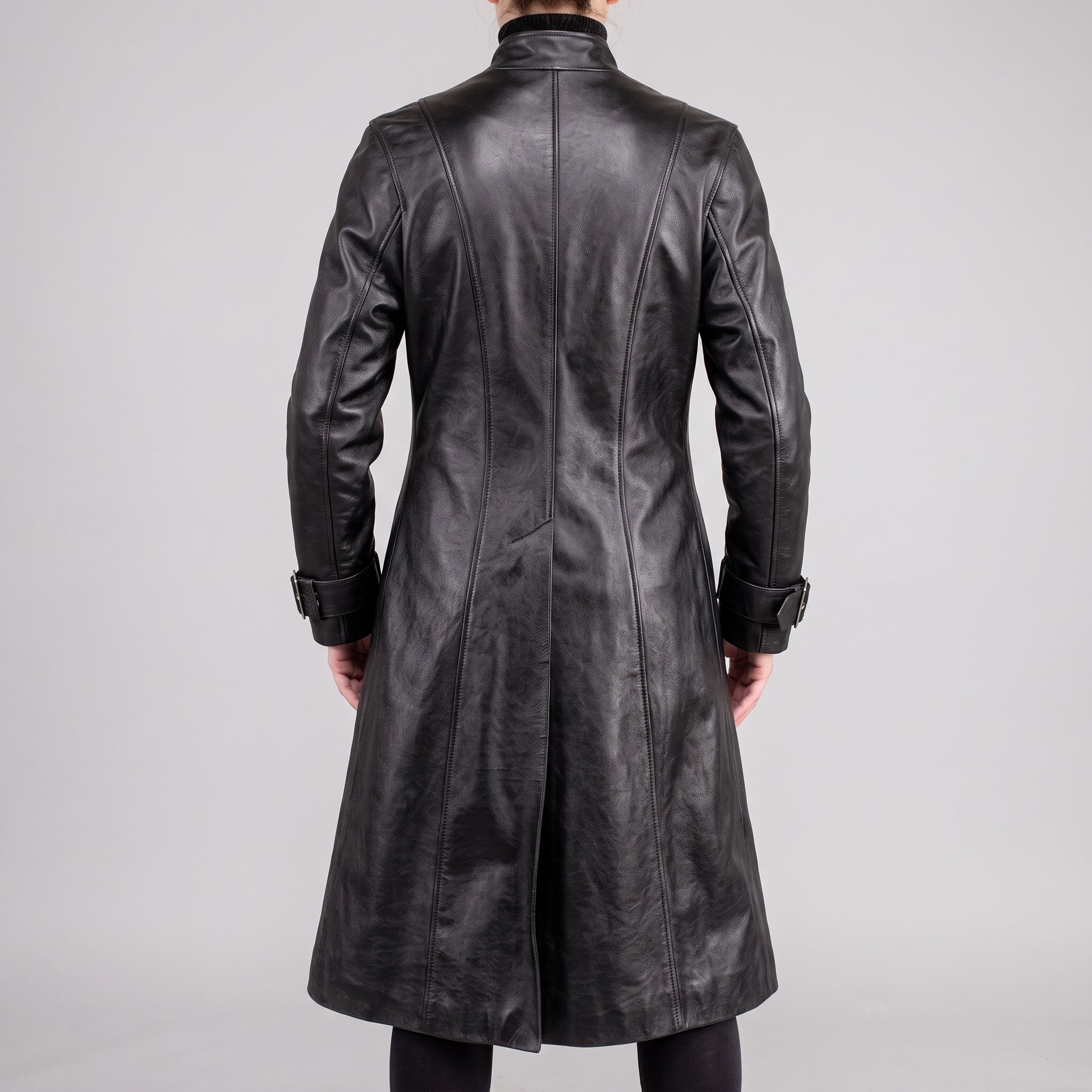 Black Leather Multi-Buckle Trench Coat - Women's Long Zip Duster Jacket