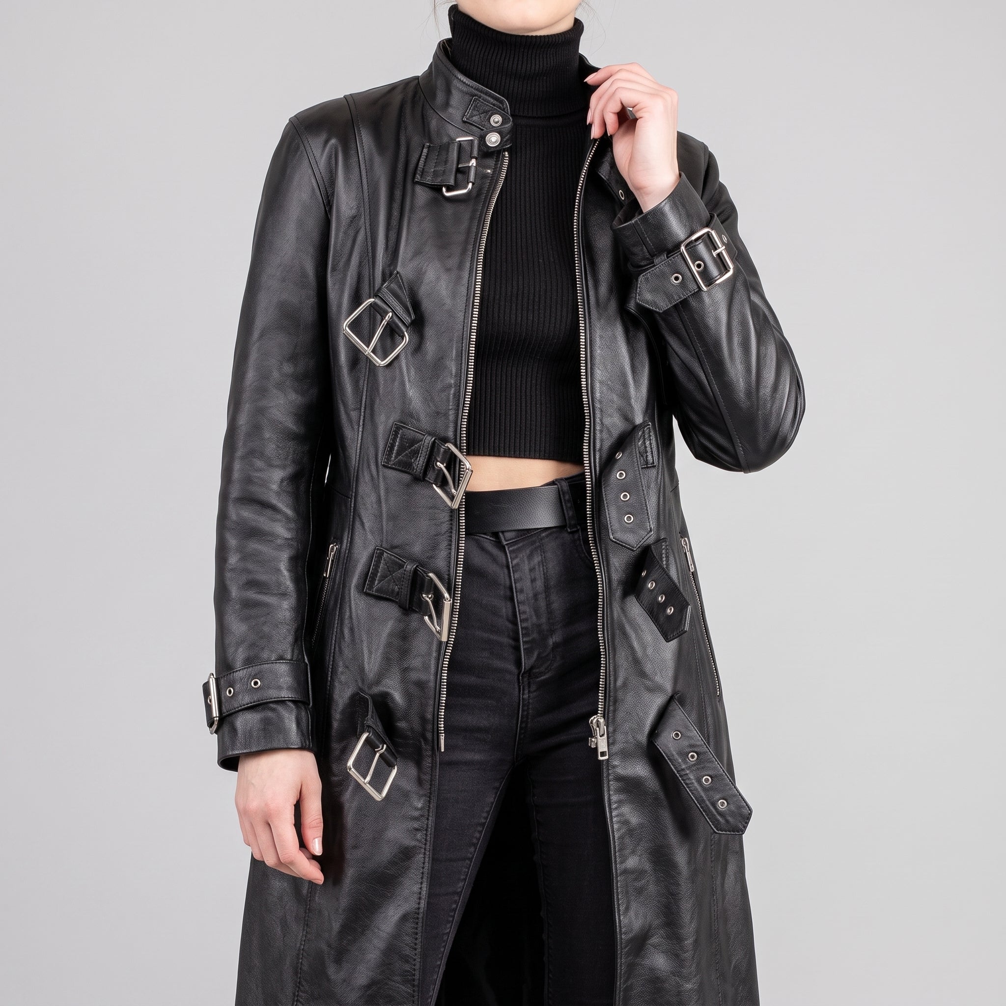 Black Leather Multi-Buckle Trench Coat - Women's Long Zip Duster Jacket