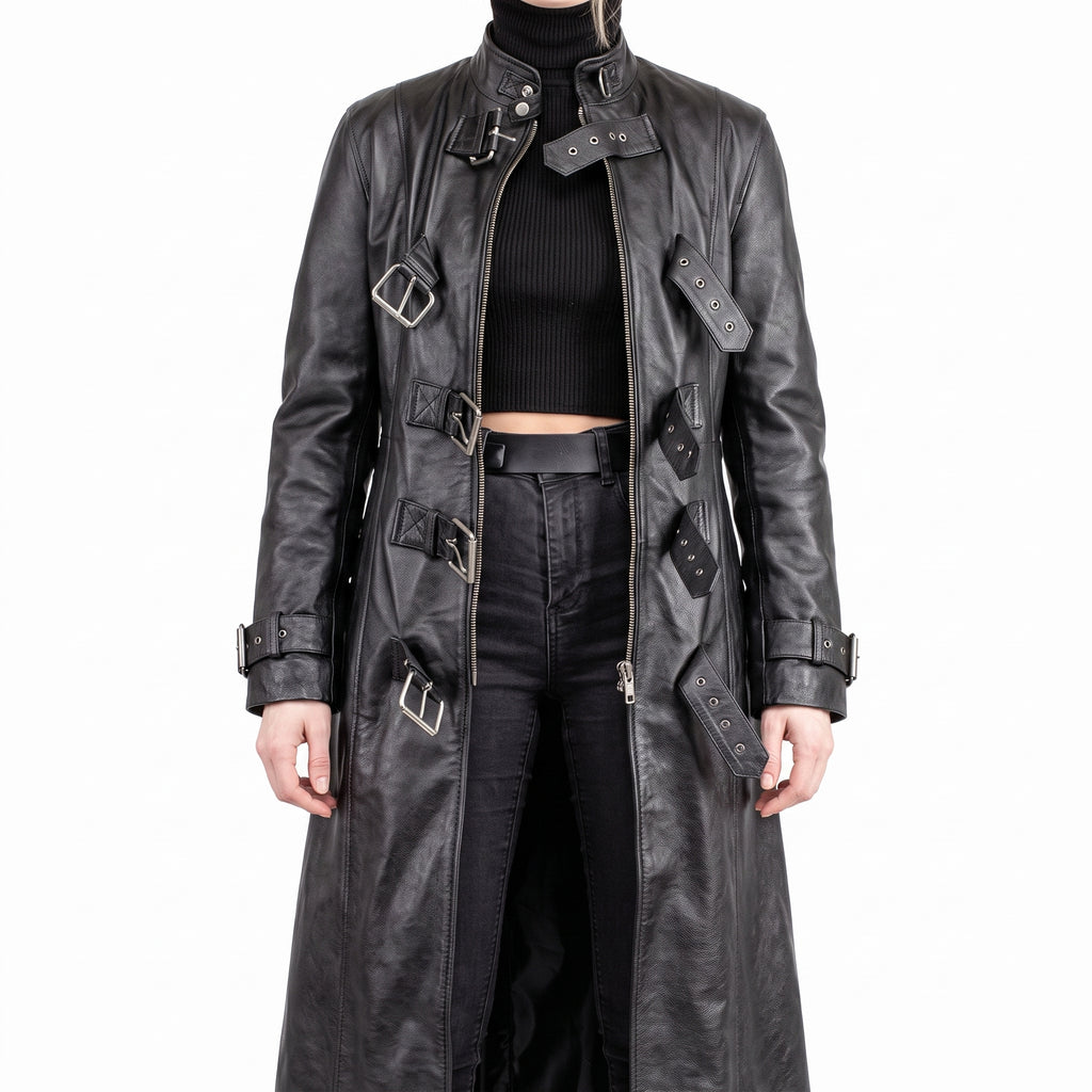 Black Leather Multi-Buckle Trench Coat - Women's Long Zip Duster Jacket