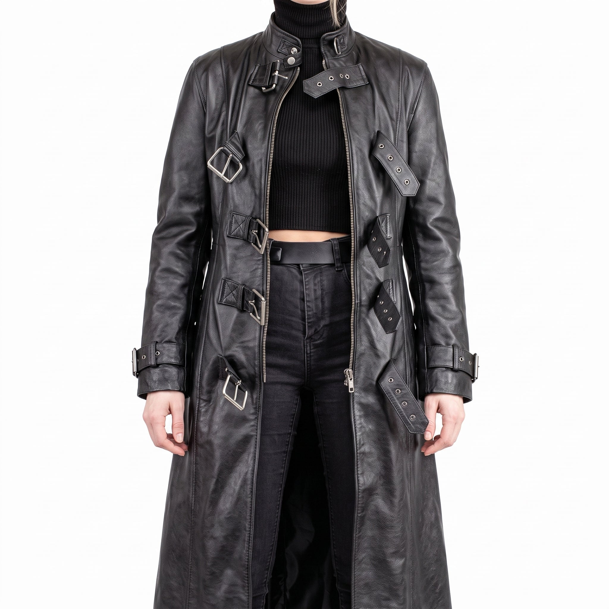 Black Leather Multi-Buckle Trench Coat - Women's Long Zip Duster Jacket