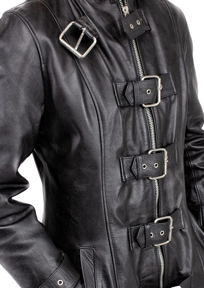Black Leather Multi-Buckle Trench Coat - Women's Long Zip Duster Jacket