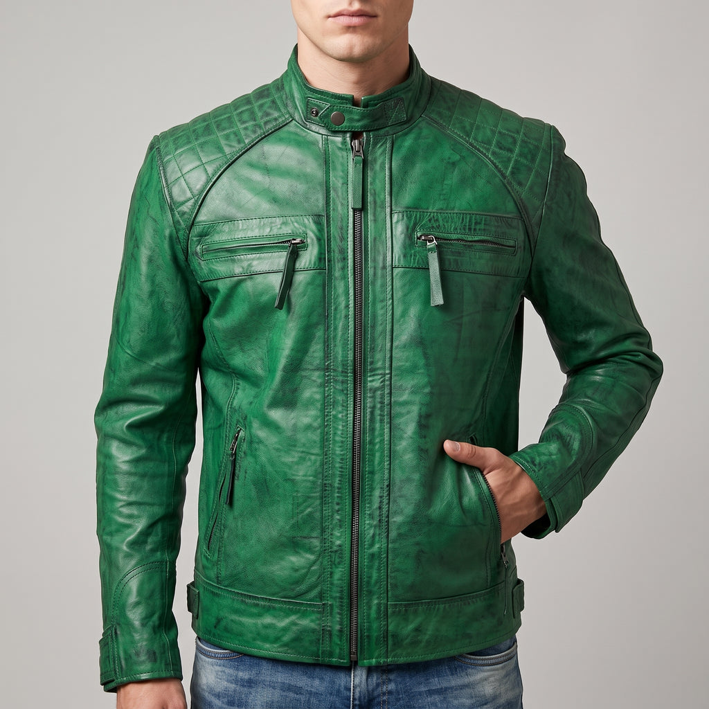 Green Distressed Leather Café Racer Jacket - Men's Quilted Moto Jacket