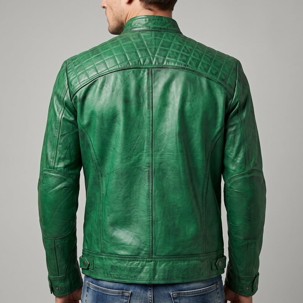 Green Distressed Leather Café Racer Jacket - Men's Quilted Moto Jacket