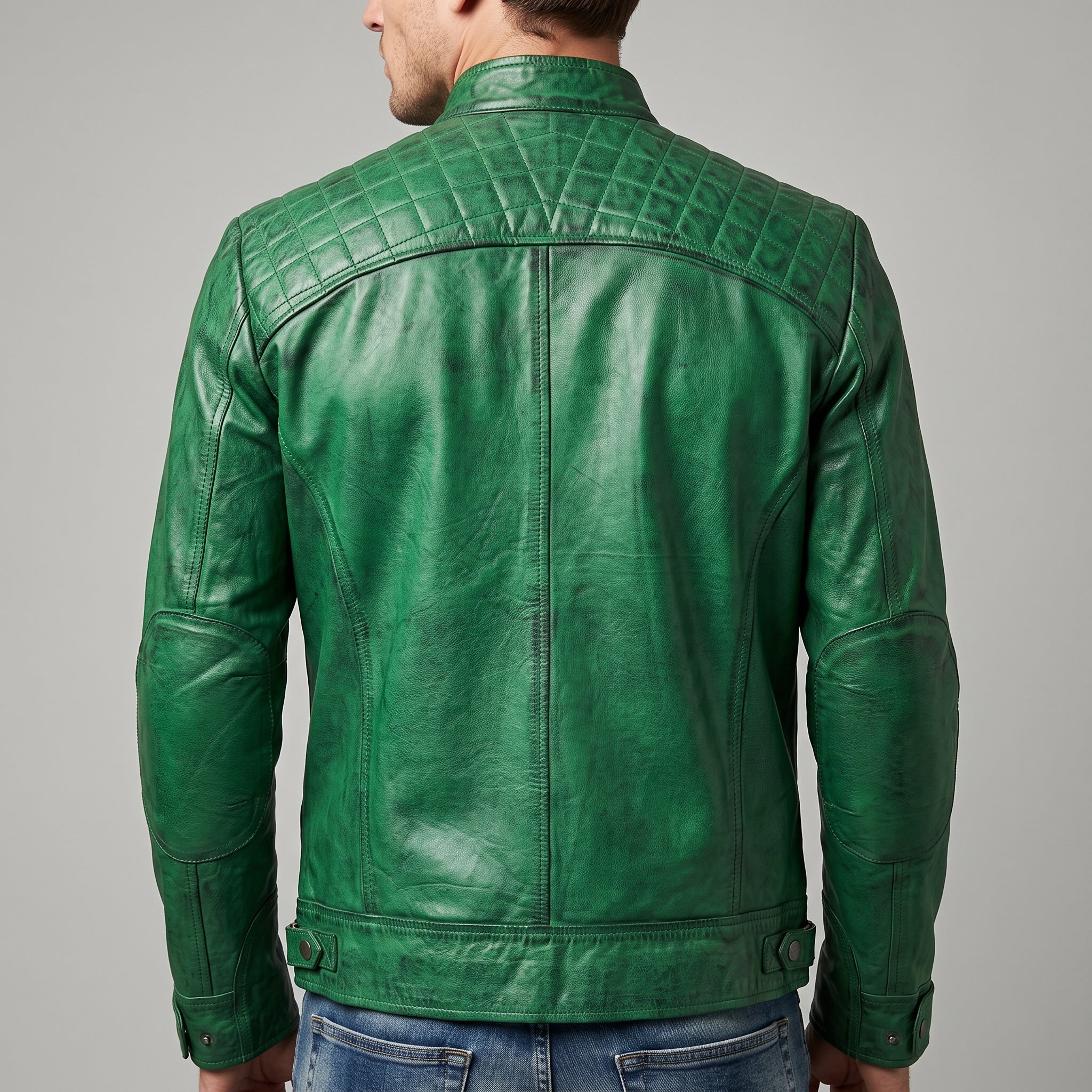 Green Distressed Leather Café Racer Jacket - Men's Quilted Moto Jacket