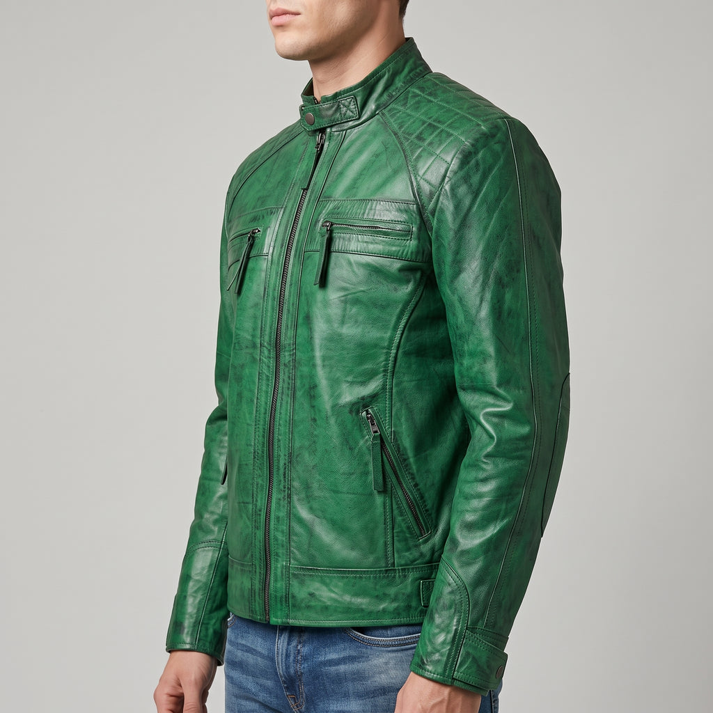 Green Distressed Leather Café Racer Jacket - Men's Quilted Moto Jacket