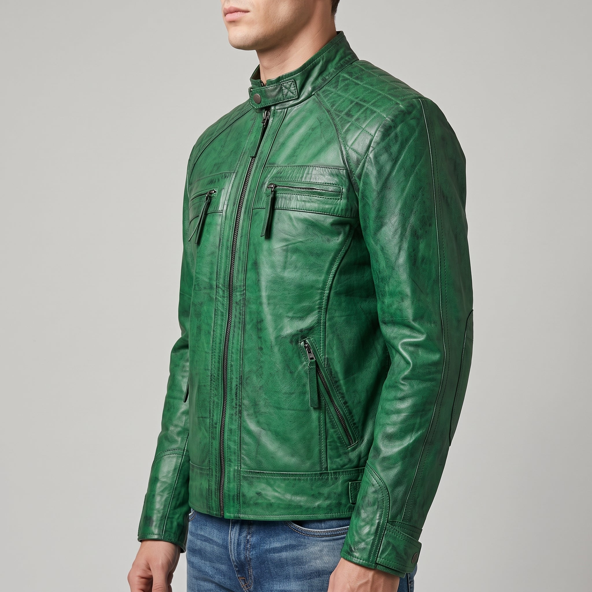 Green Distressed Leather Café Racer Jacket - Men's Quilted Moto Jacket