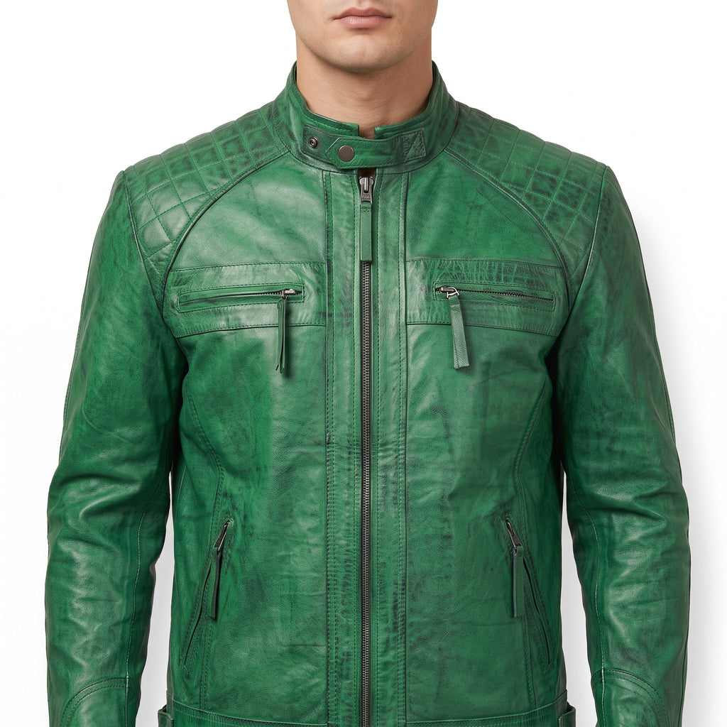 Green Distressed Leather Café Racer Jacket - Men's Quilted Moto Jacket