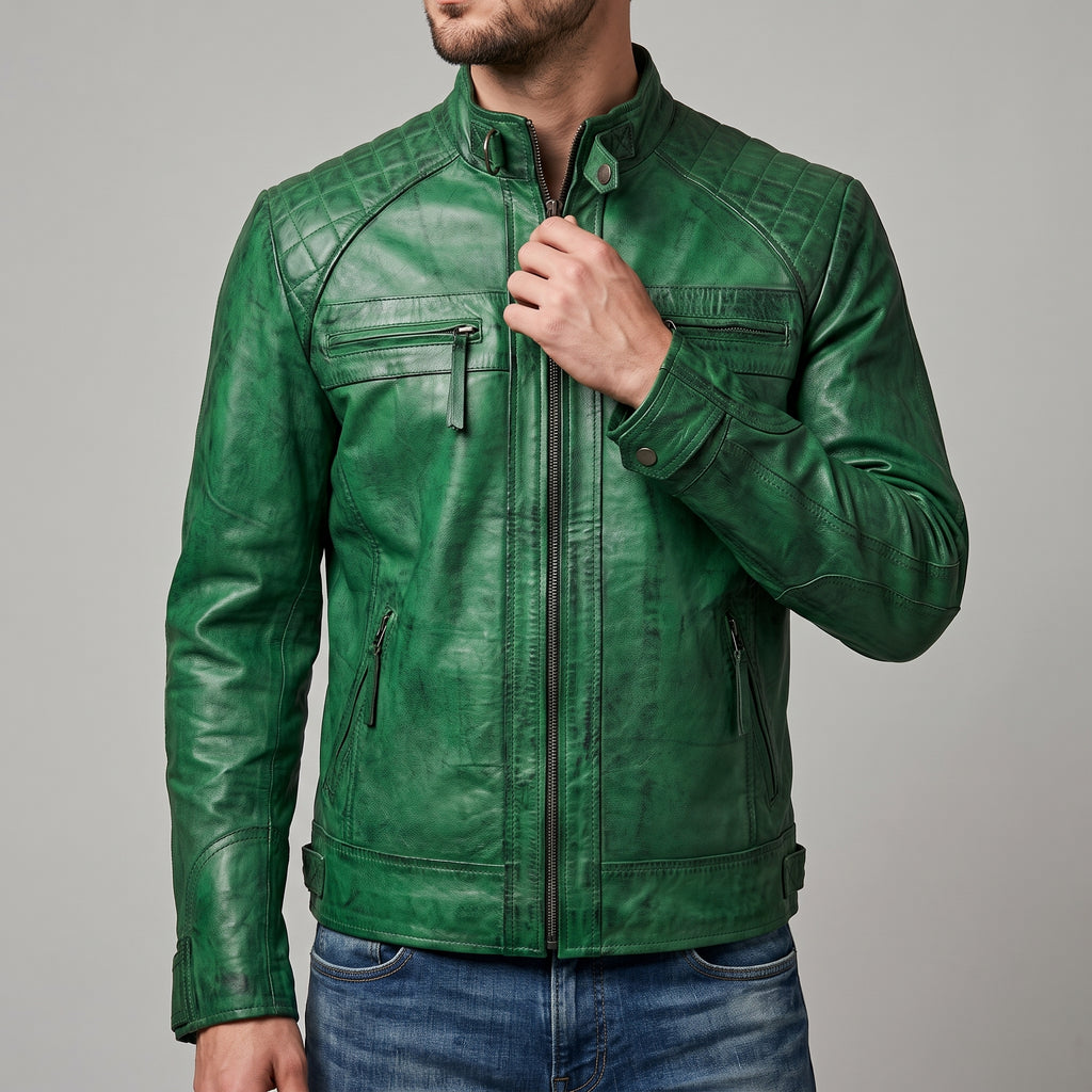 Green Distressed Leather Café Racer Jacket - Men's Quilted Moto Jacket