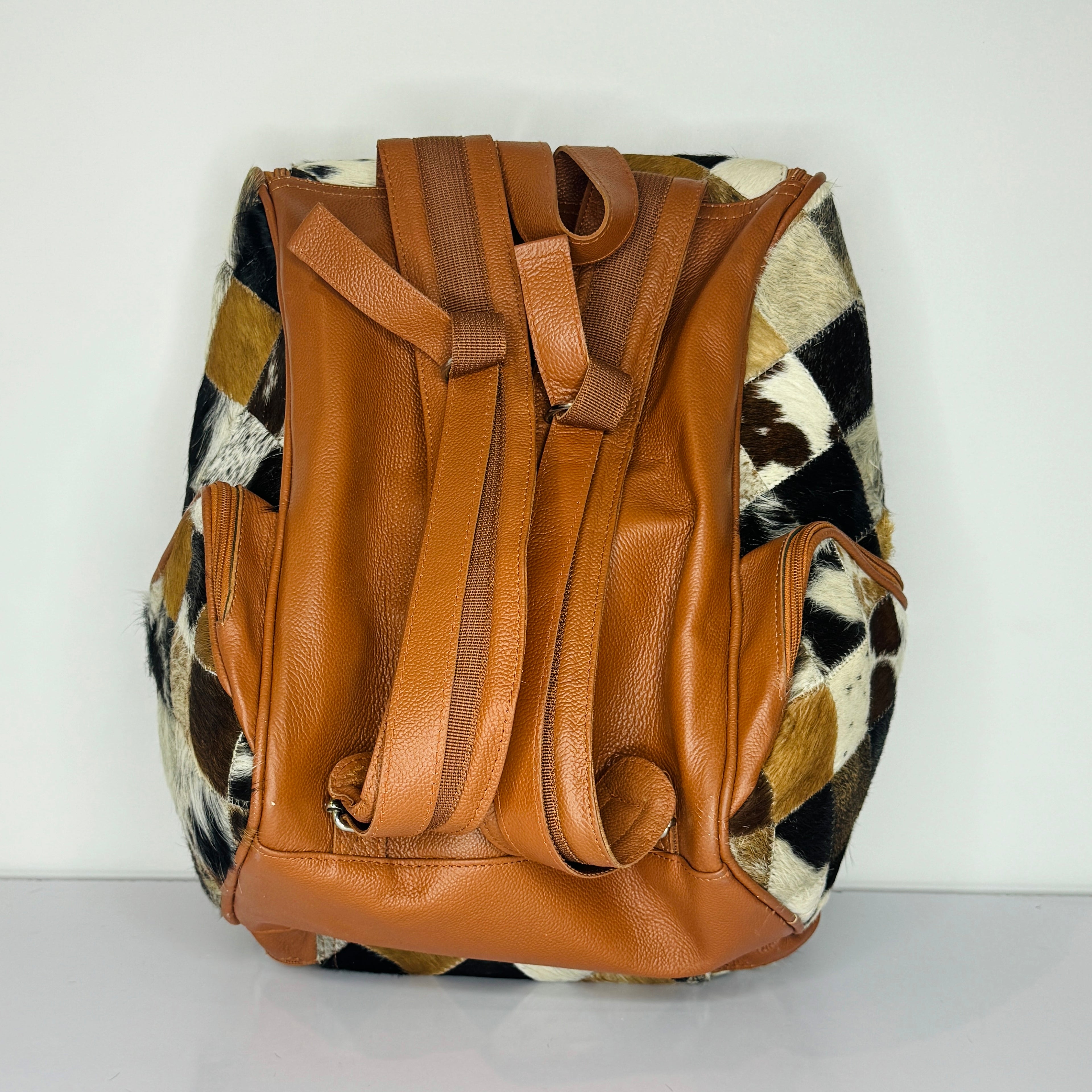 Diamond Patchwork Cowhide Leather Backpack – Multicolor Hair-On-Hide Backpack
