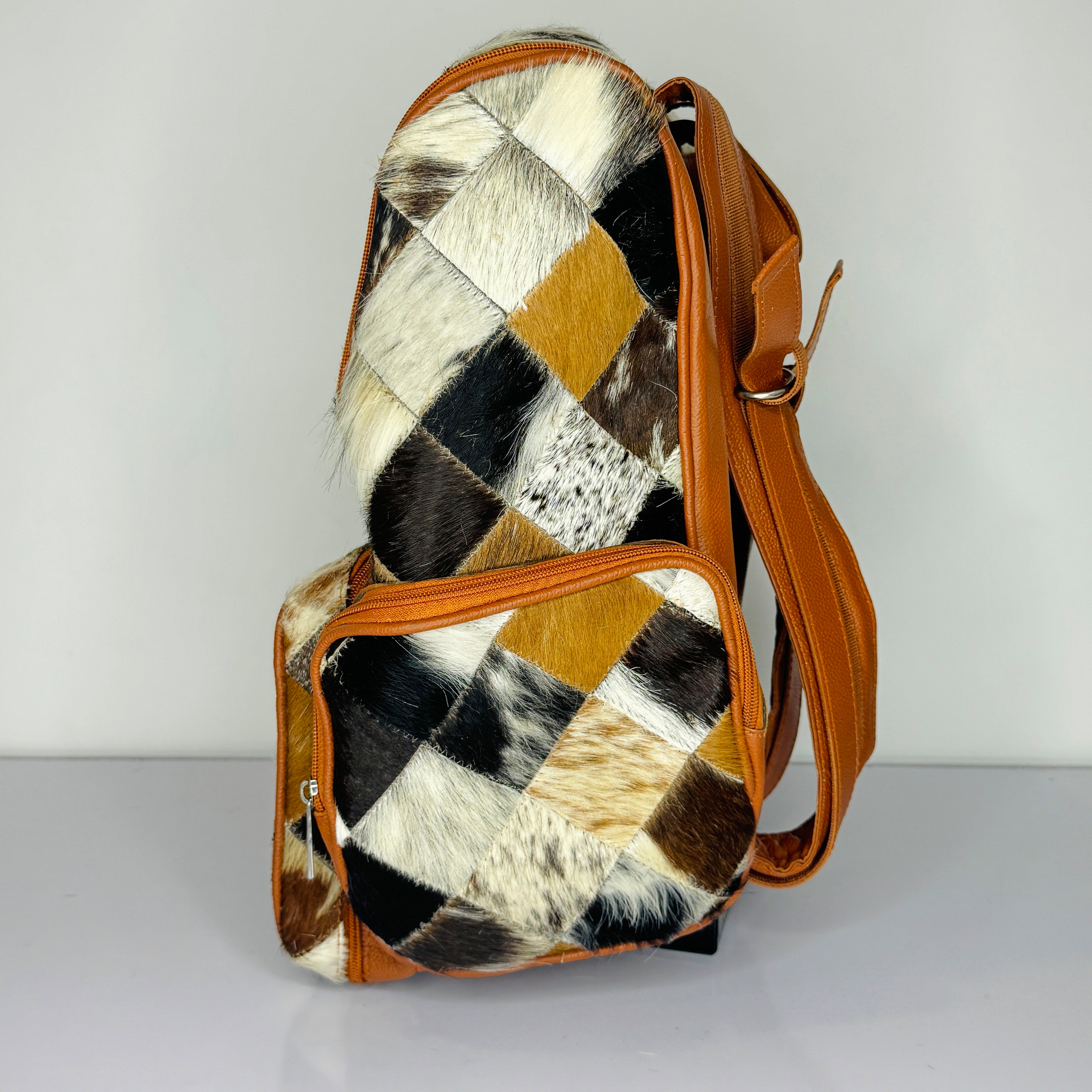 Diamond Patchwork Cowhide Leather Backpack – Multicolor Hair-On-Hide Backpack