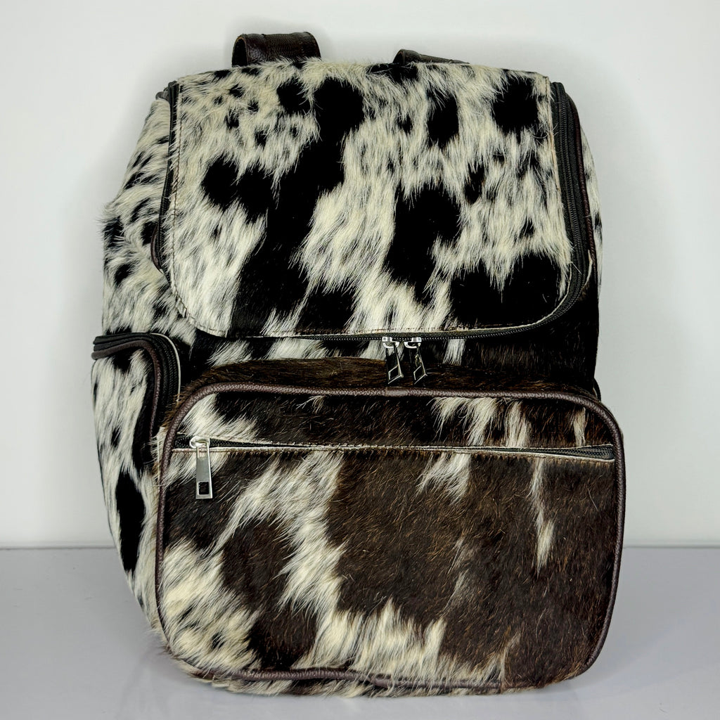 Black White Cowhide Leather Backpack – Genuine Hair-On-Hide Travel Backpack
