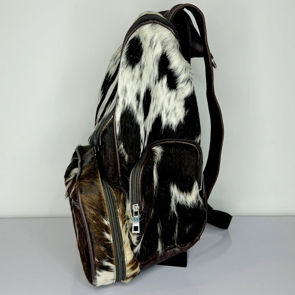 Black White Cowhide Leather Backpack – Genuine Hair-On-Hide Travel Backpack