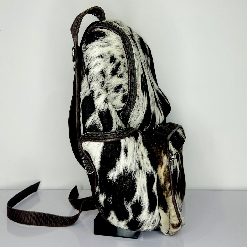 Black White Cowhide Leather Backpack – Genuine Hair-On-Hide Travel Backpack