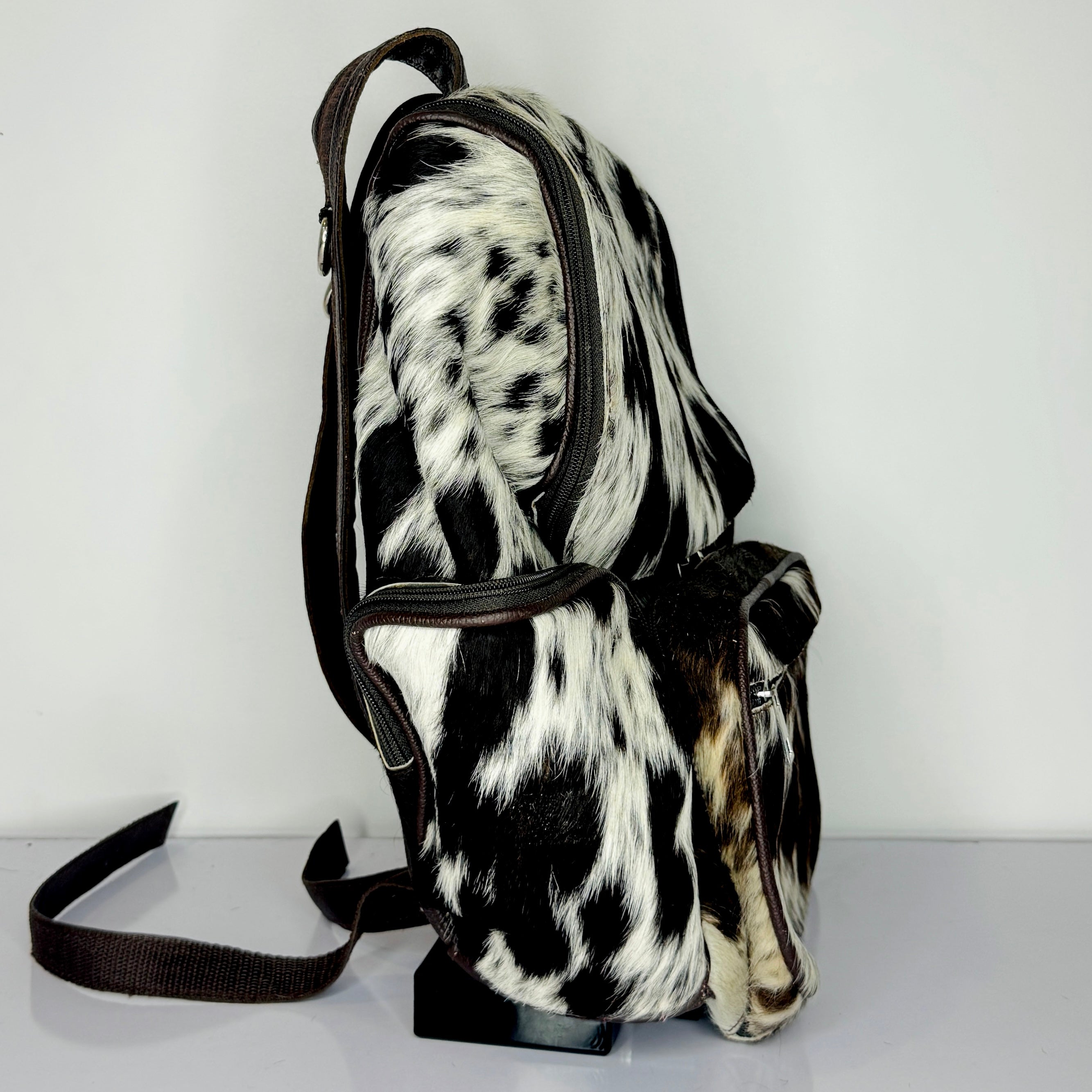 Black White Cowhide Leather Backpack – Genuine Hair-On-Hide Travel Backpack