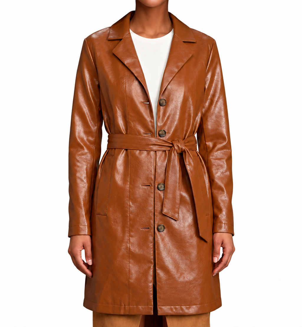 Cognac Leather Belted Topper Coat - Women's Notch-Lapel Trench Coat