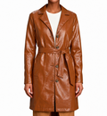 Cognac Leather Belted Topper Coat - Women's Notch-Lapel Trench Coat