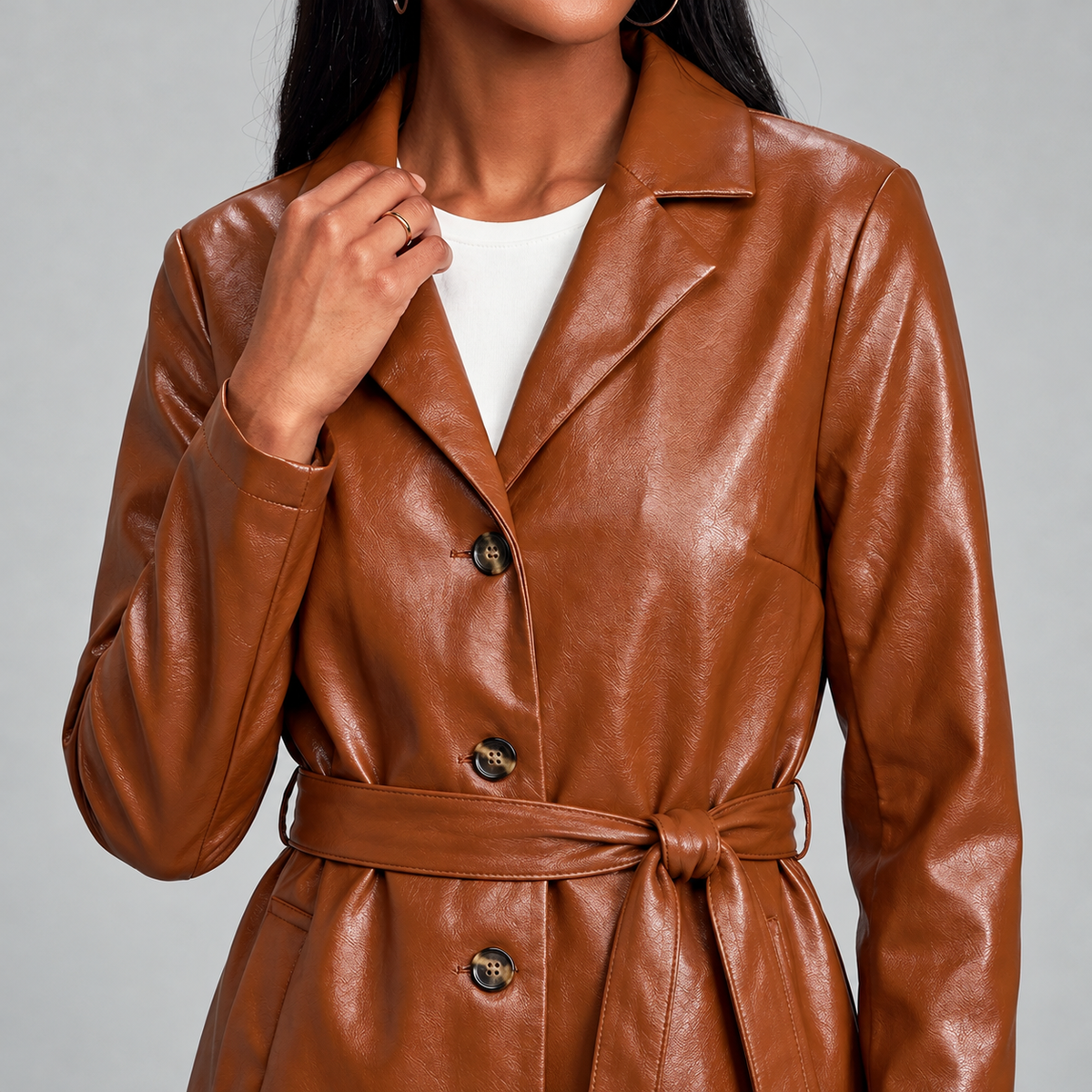 Cognac Leather Belted Topper Coat - Women's Notch-Lapel Trench Coat