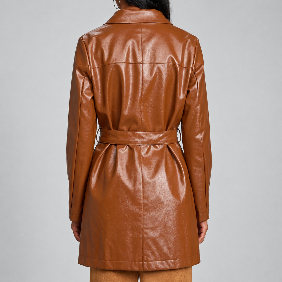 Cognac Leather Belted Topper Coat - Women's Notch-Lapel Trench Coat